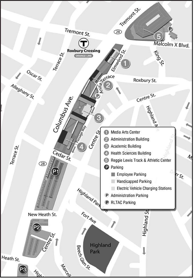 aerial map of campus with parking lots marked